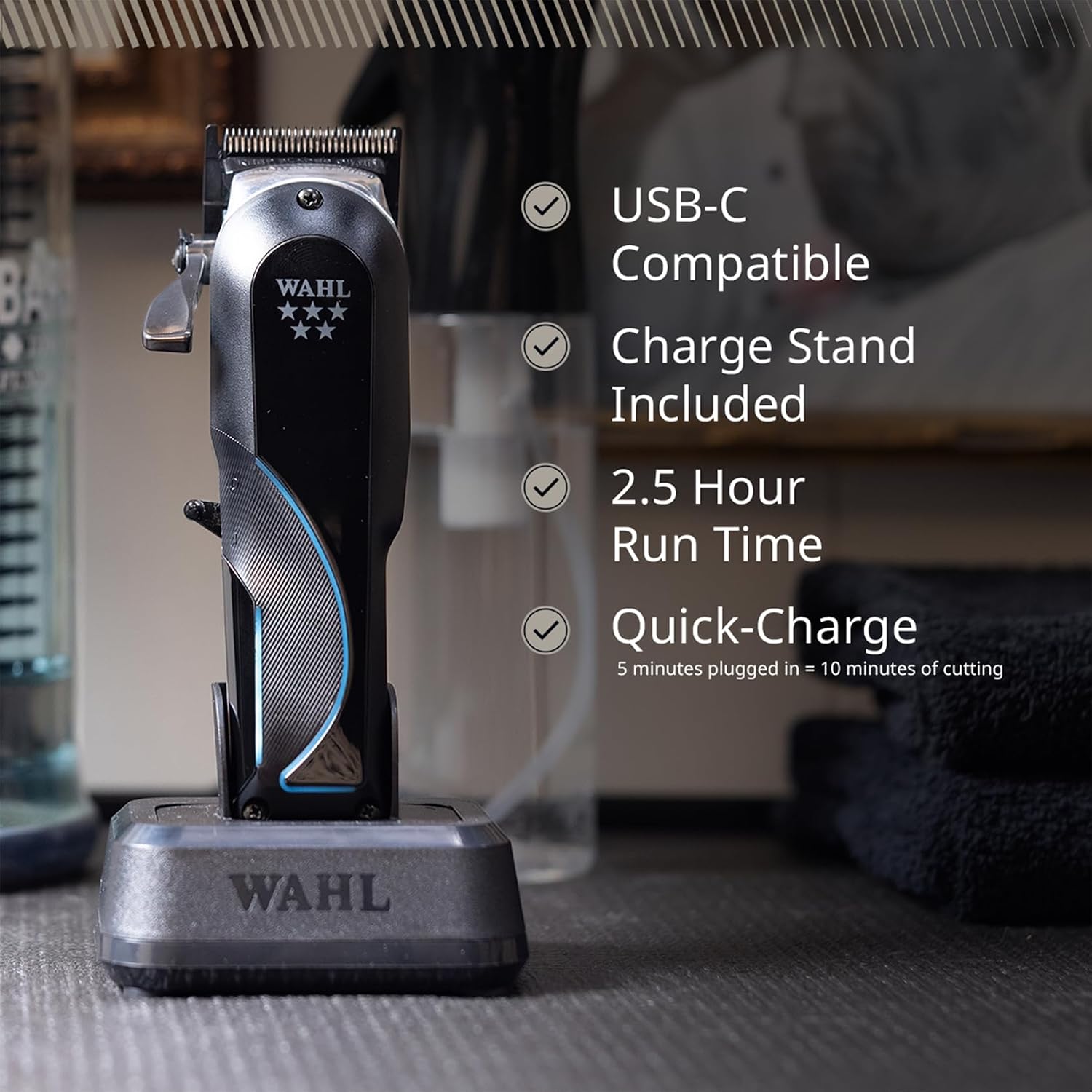 Wahl Senior 2.0 Cord/Cordless Hair Clipper with 8000 RPM Adaptive Speed Motor, DLC High‑Carbon Steel Blade, Click/Free‑Flow Taper Lever, 7 Premium Guide Combs & Power Station